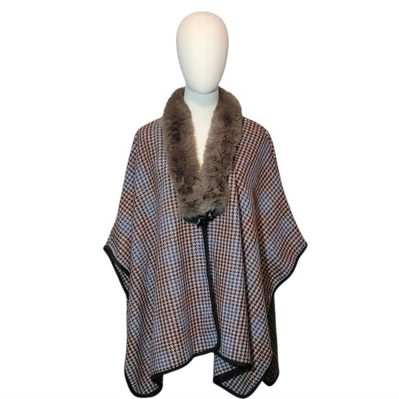 Jones New York Houndstooth Cape Faux Fur Collar Brown and Blue Classic Fall OS - Picture 10 of 13